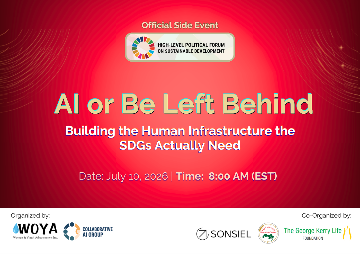 AI or Be Left Behind — Official UN HLPF 2026 Side Event flyer · July 10, 2026 · 8:00 AM ET